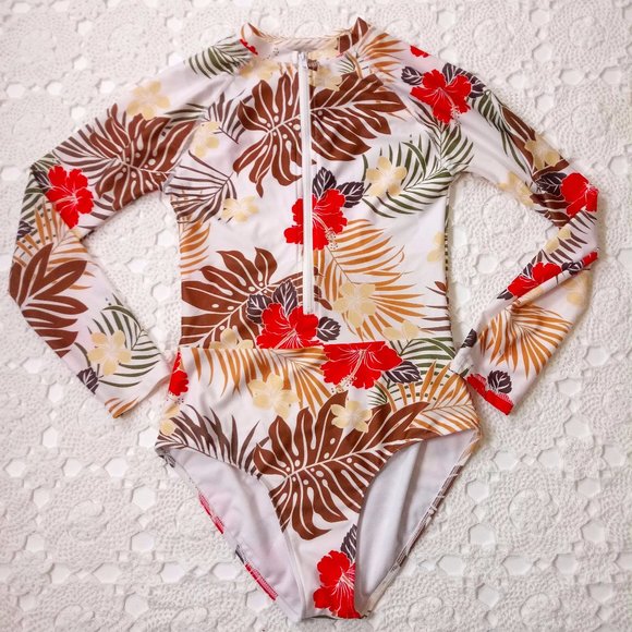 favant Other - Favant Women Large Bathing Swimsuit One Piece Long Sleeve White Tropical Modest